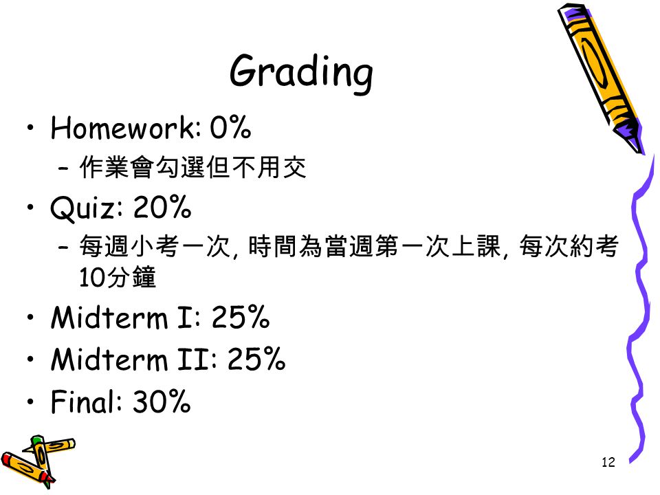 12 Grading Homework: 0% – 作業會勾選但不用交 Quiz: 20% – 每週小考一次, 時間為當週第一次上課, 每次約考 10 分鐘 Midterm I: 25% Midterm II: 25% Final: 30%