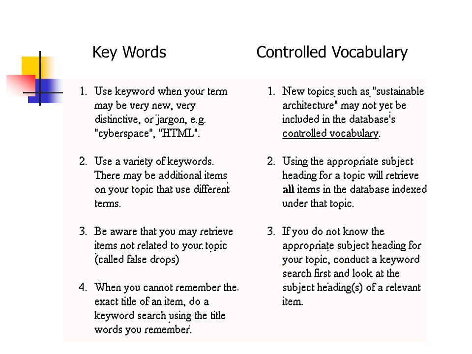 Basic Search Strategies: Words to Search by Jargon Keyword Controlled vocabulary – Subject words/phrases