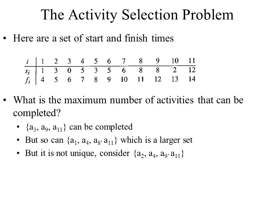 The Activity Selection Problem Here are a set of start and finish times What is the maximum number of activities that can be completed.