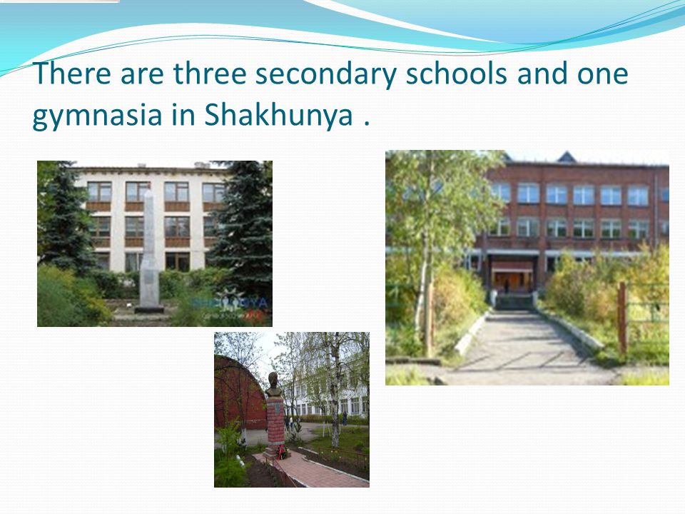 There are three secondary schools and one gymnasia in Shakhunya.