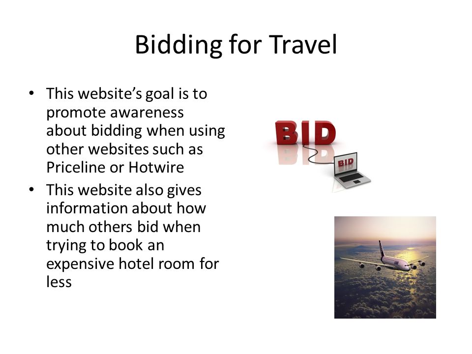 Bidding for Travel This website’s goal is to promote awareness about bidding when using other websites such as Priceline or Hotwire This website also gives information about how much others bid when trying to book an expensive hotel room for less
