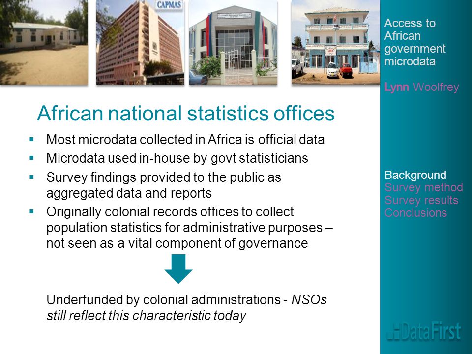 African national statistics offices  Most microdata collected in Africa is official data  Microdata used in-house by govt statisticians  Survey findings provided to the public as aggregated data and reports  Originally colonial records offices to collect population statistics for administrative purposes – not seen as a vital component of governance Underfunded by colonial administrations - NSOs still reflect this characteristic today