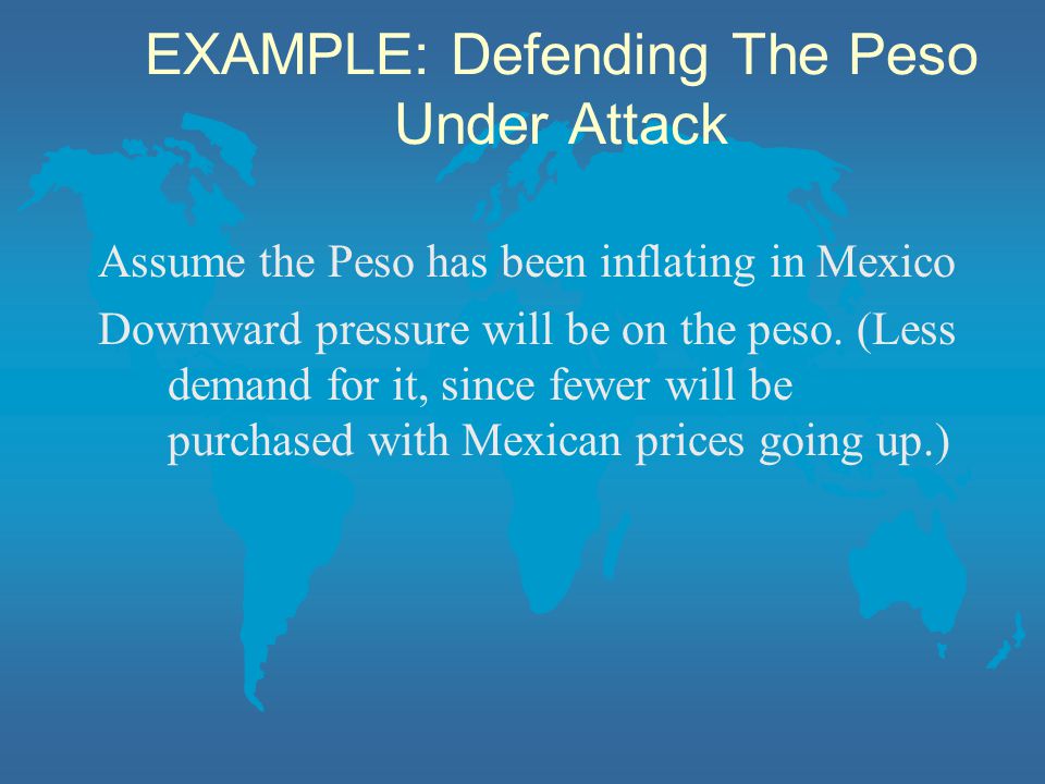EXAMPLE: Defending The Peso Under Attack Assume the Peso has been inflating in Mexico Downward pressure will be on the peso.