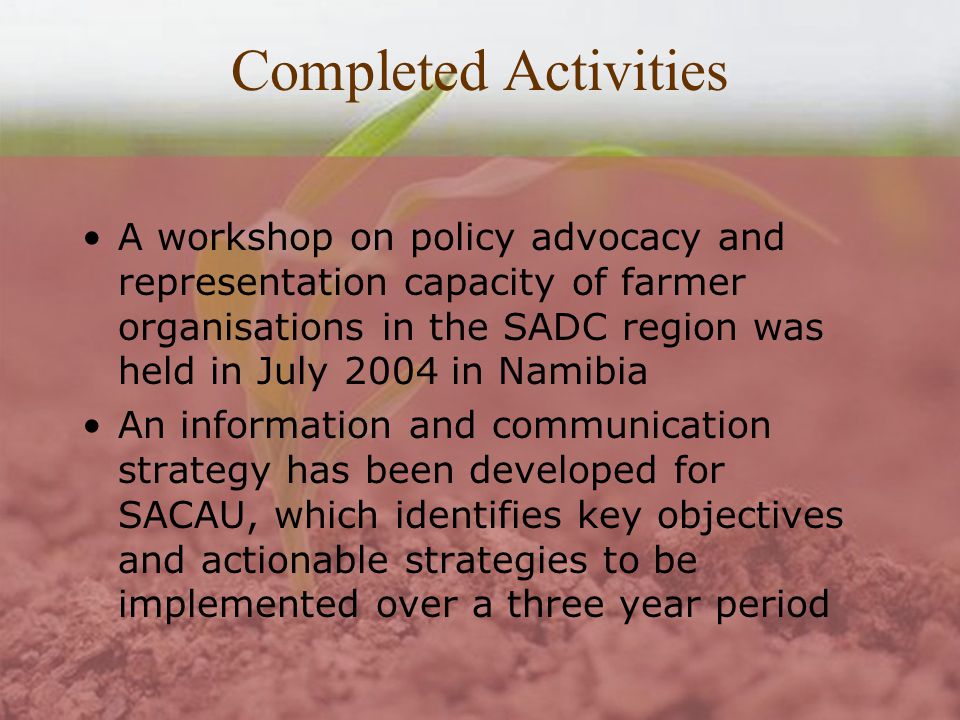 Completed Activities A workshop on policy advocacy and representation capacity of farmer organisations in the SADC region was held in July 2004 in Namibia An information and communication strategy has been developed for SACAU, which identifies key objectives and actionable strategies to be implemented over a three year period
