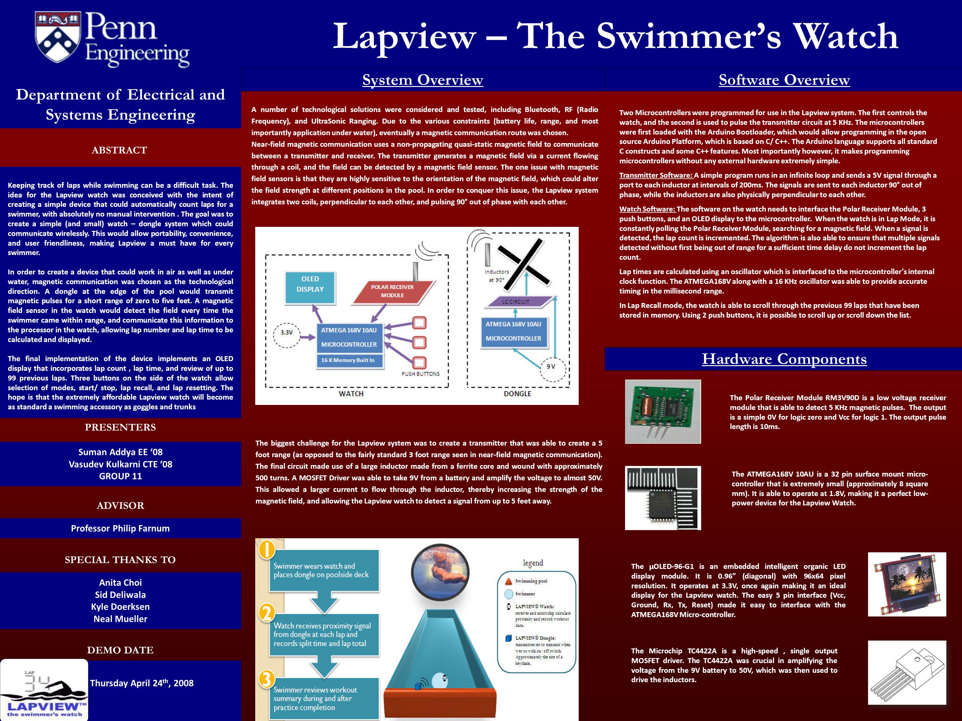 Lapview – The Swimmer’s Watch GROUP 9 PRESENTERS DEMO DATE SPECIAL THANKS TO ADVISOR PRESENTERS Thursday April 24 th, 2008 Department of Electrical and Systems Engineering ABSTRACT Keeping track of laps while swimming can be a difficult task.