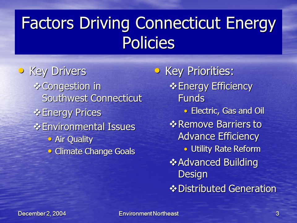 December 2, 2004Environment Northeast3 Factors Driving Connecticut Energy Policies Key Drivers Key Drivers  Congestion in Southwest Connecticut  Energy Prices  Environmental Issues Air Quality Air Quality Climate Change Goals Climate Change Goals Key Priorities: Key Priorities:  Energy Efficiency Funds Electric, Gas and Oil  Remove Barriers to Advance Efficiency Utility Rate Reform  Advanced Building Design  Distributed Generation
