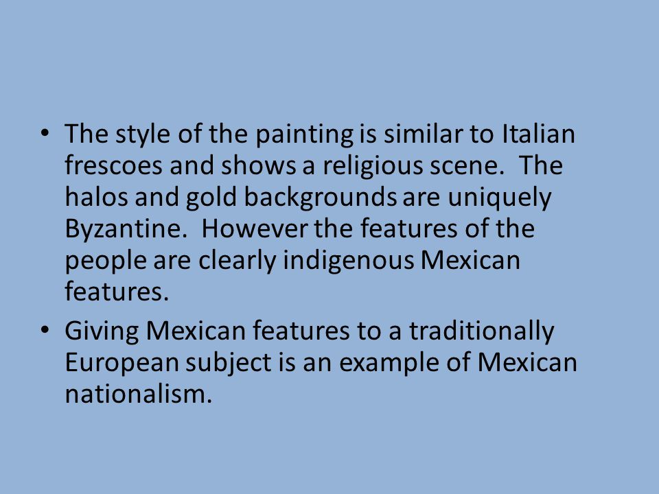 The style of the painting is similar to Italian frescoes and shows a religious scene.