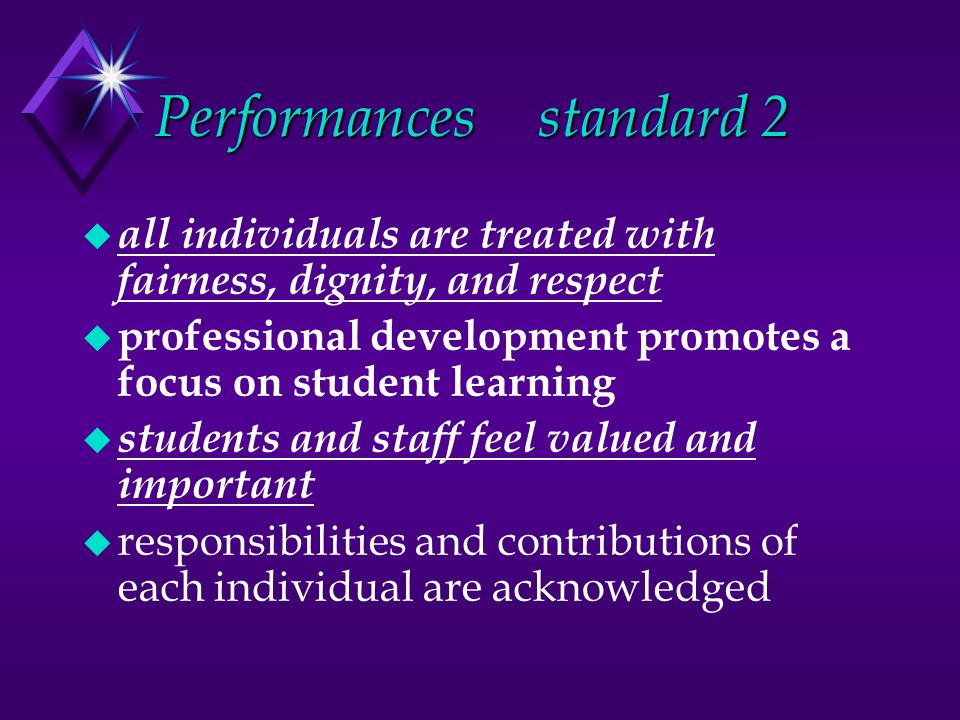 Performancesstandard 2 u all individuals are treated with fairness, dignity, and respect u professional development promotes a focus on student learning u students and staff feel valued and important u responsibilities and contributions of each individual are acknowledged