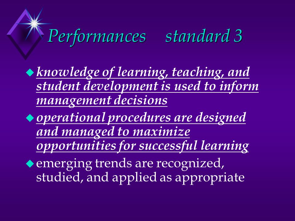 Performancesstandard 3 u knowledge of learning, teaching, and student development is used to inform management decisions u operational procedures are designed and managed to maximize opportunities for successful learning u emerging trends are recognized, studied, and applied as appropriate