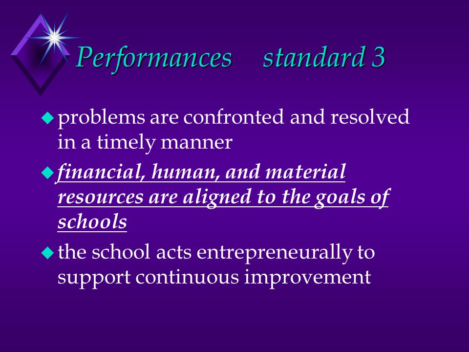 Performancesstandard 3 u problems are confronted and resolved in a timely manner u financial, human, and material resources are aligned to the goals of schools u the school acts entrepreneurally to support continuous improvement
