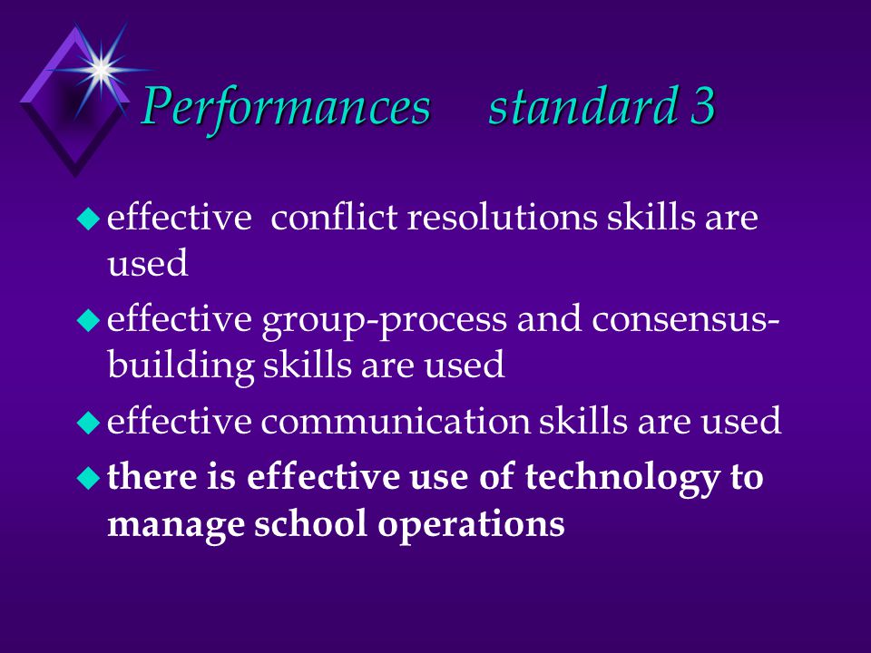 Performancesstandard 3 u effective conflict resolutions skills are used u effective group-process and consensus- building skills are used u effective communication skills are used u there is effective use of technology to manage school operations