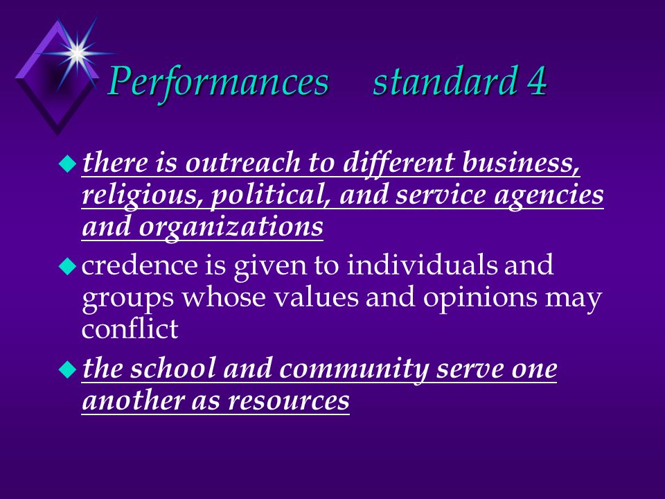 Performancesstandard 4 u there is outreach to different business, religious, political, and service agencies and organizations u credence is given to individuals and groups whose values and opinions may conflict u the school and community serve one another as resources