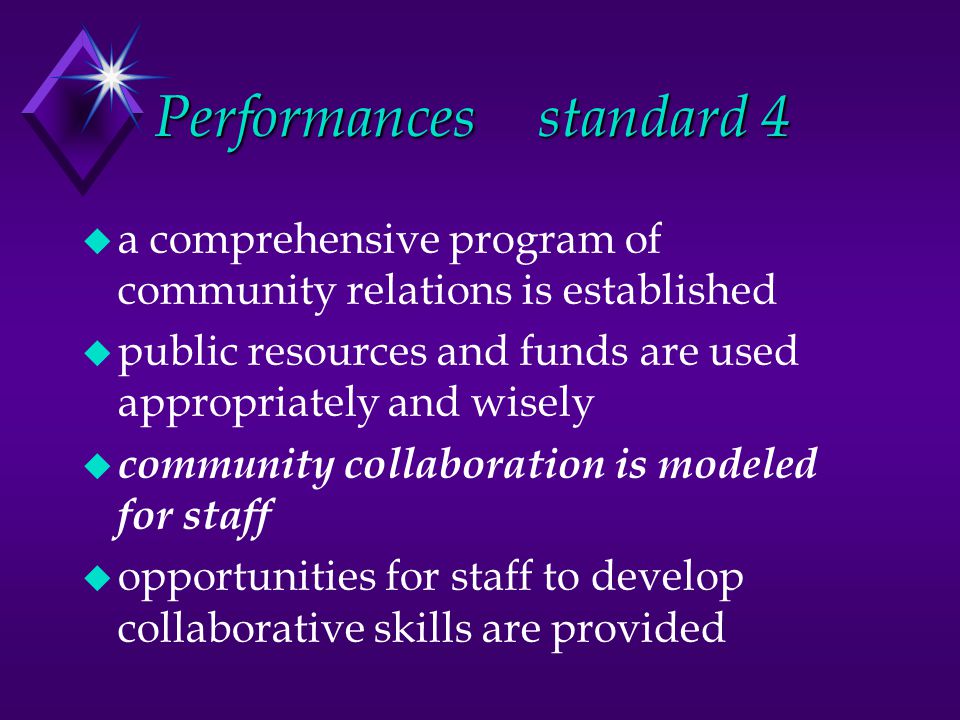 Performancesstandard 4 u a comprehensive program of community relations is established u public resources and funds are used appropriately and wisely u community collaboration is modeled for staff u opportunities for staff to develop collaborative skills are provided