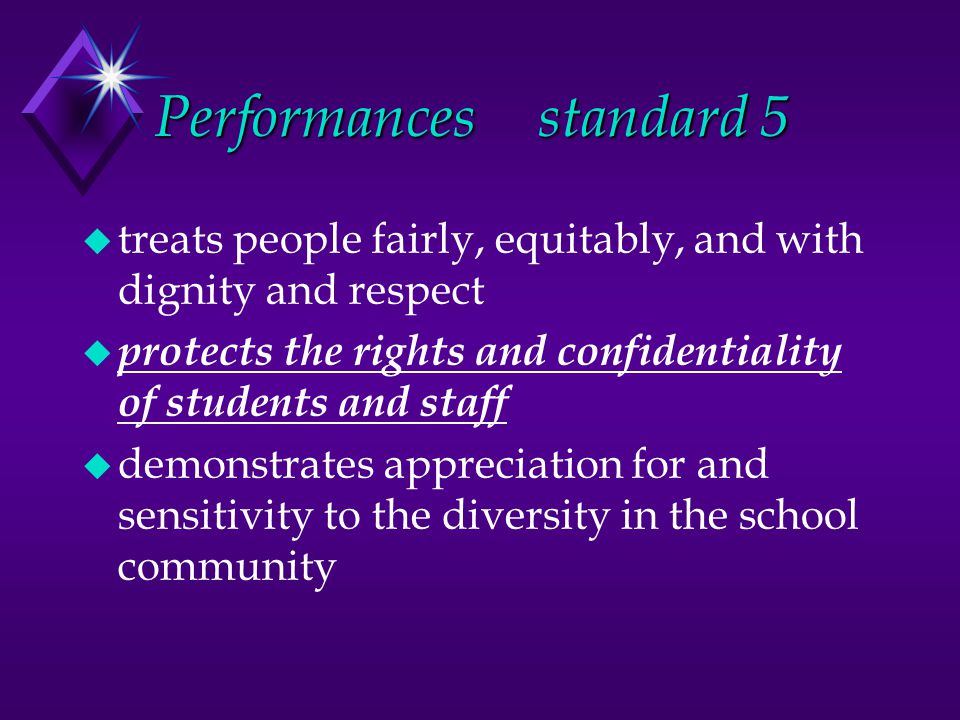 Performancesstandard 5 u treats people fairly, equitably, and with dignity and respect u protects the rights and confidentiality of students and staff u demonstrates appreciation for and sensitivity to the diversity in the school community