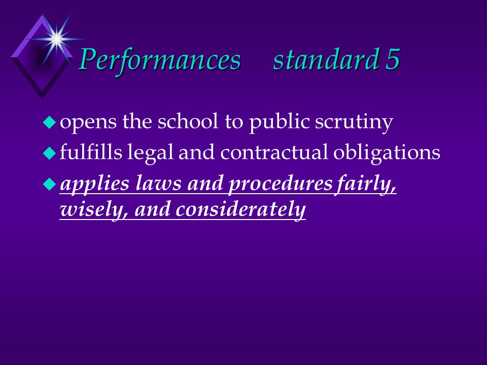 Performancesstandard 5 u opens the school to public scrutiny u fulfills legal and contractual obligations u applies laws and procedures fairly, wisely, and considerately