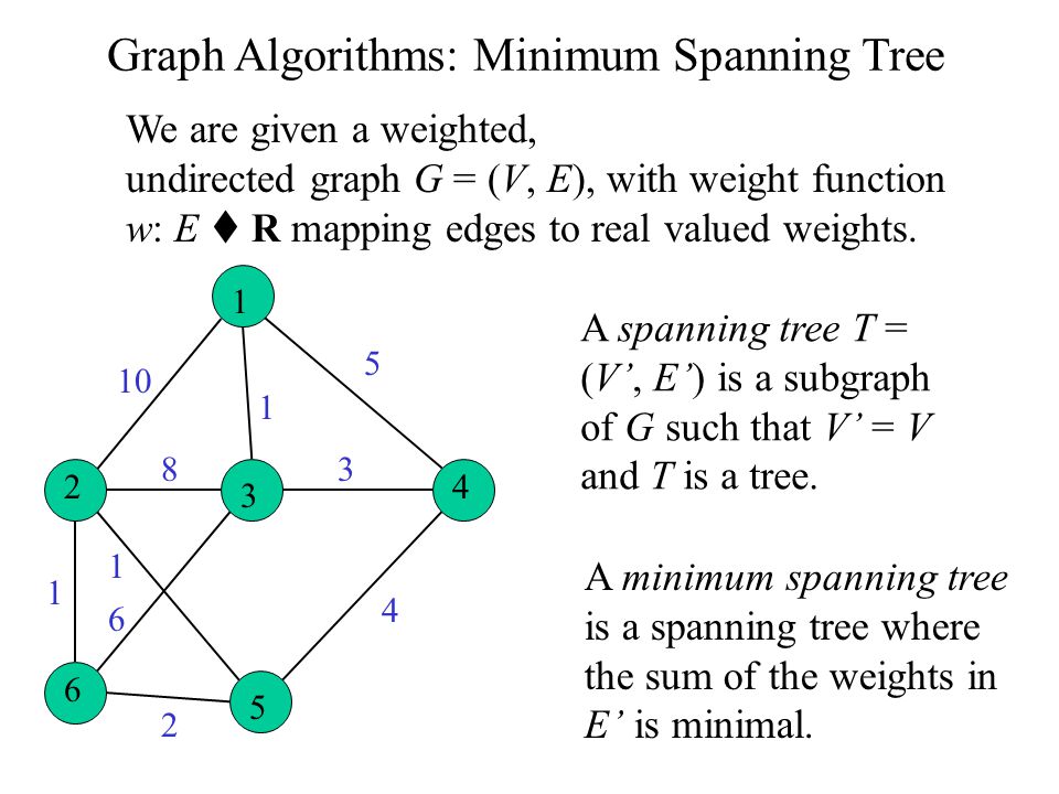 Graph Algorithms: Minimum Spanning Tree We are given a weighted, undirected graph G = (V, E), with weight function w: E  R mapping edges to real valued weights.