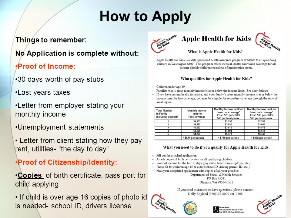 How to Apply Things to remember: No Application is complete without: Proof of Income: 30 days worth of pay stubs Last years taxes Letter from employer stating your monthly income Unemployment statements Letter from client stating how they pay rent, utilities- the day to day Proof of Citizenship/Identity: Copies of birth certificate, pass port for child applying If child is over age 16 copies of photo id is needed- school ID, drivers license