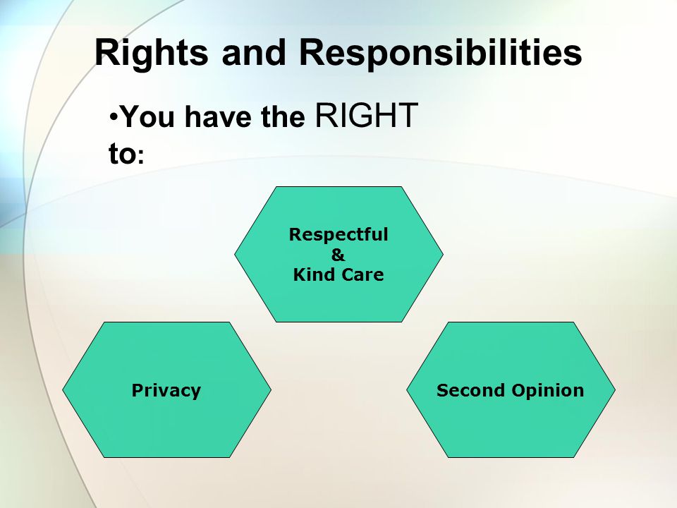 Rights and Responsibilities You have the RIGHT to : Respectful & Kind Care Second OpinionPrivacy