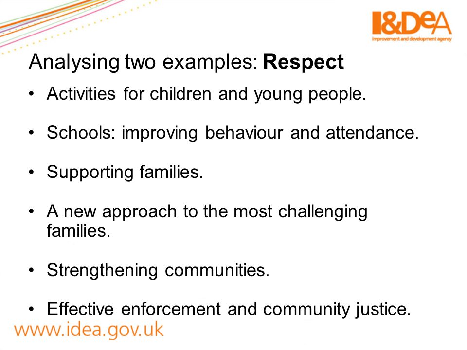 Analysing two examples: Respect Activities for children and young people.
