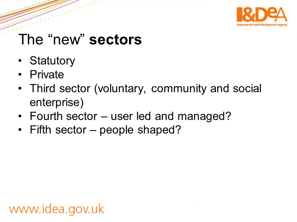 The new sectors Statutory Private Third sector (voluntary, community and social enterprise) Fourth sector – user led and managed.