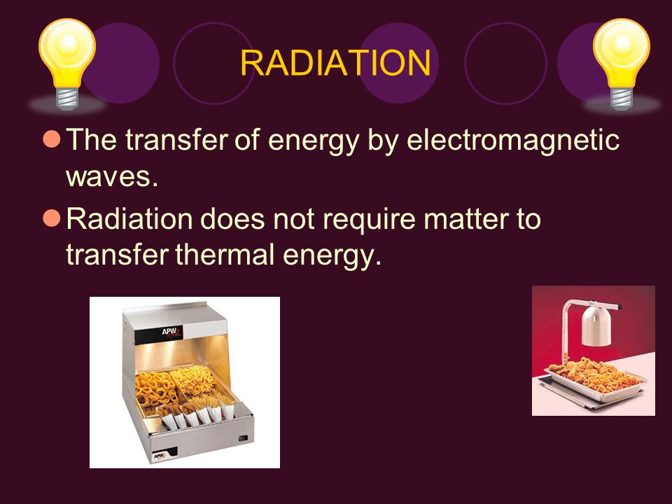 RADIATION The transfer of energy by electromagnetic waves.
