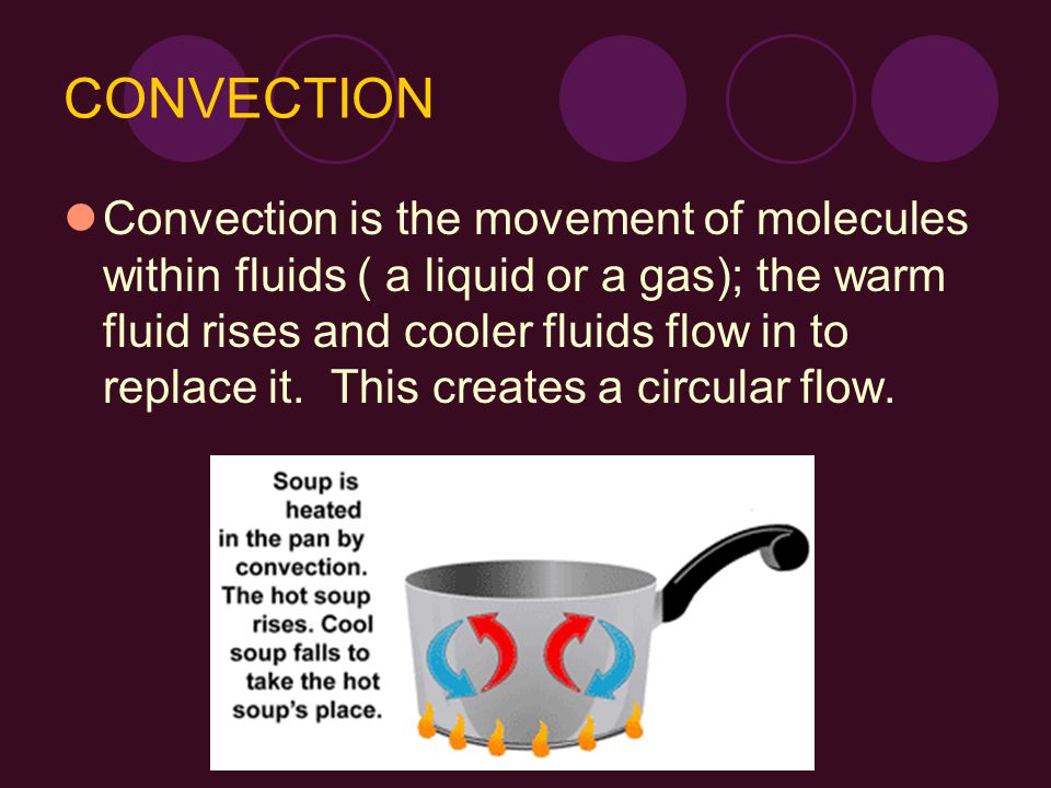 CONVECTION Convection is the movement of molecules within fluids ( a liquid or a gas); the warm fluid rises and cooler fluids flow in to replace it.