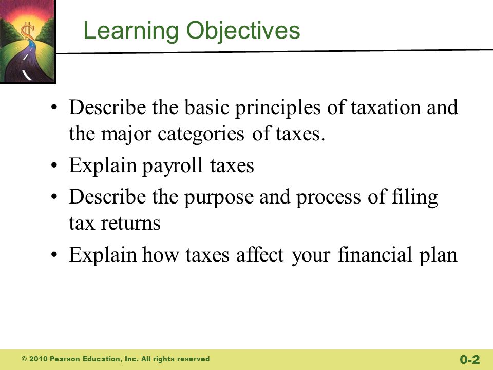 Learning Objectives Describe the basic principles of taxation and the major categories of taxes.