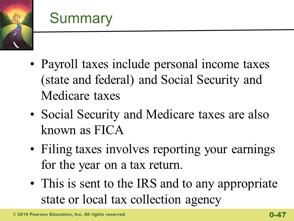Summary Payroll taxes include personal income taxes (state and federal) and Social Security and Medicare taxes Social Security and Medicare taxes are also known as FICA Filing taxes involves reporting your earnings for the year on a tax return.
