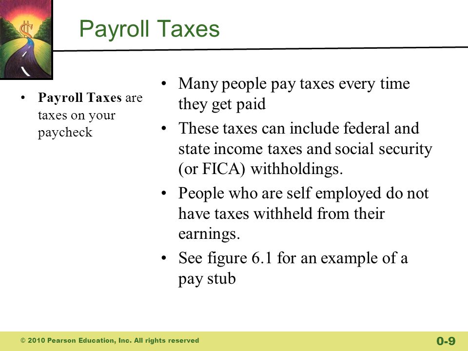 Payroll Taxes Payroll Taxes are taxes on your paycheck Many people pay taxes every time they get paid These taxes can include federal and state income taxes and social security (or FICA) withholdings.