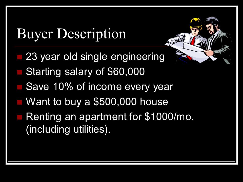Buyer Description 23 year old single engineering Starting salary of $60,000 Save 10% of income every year Want to buy a $500,000 house Renting an apartment for $1000/mo.