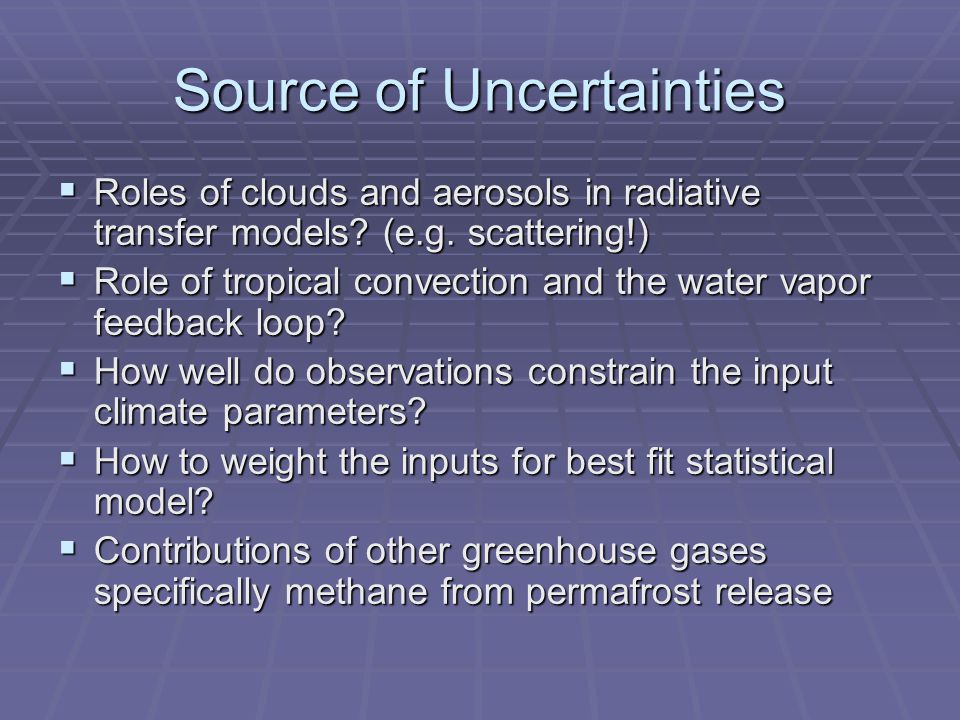 Source of Uncertainties  Roles of clouds and aerosols in radiative transfer models.