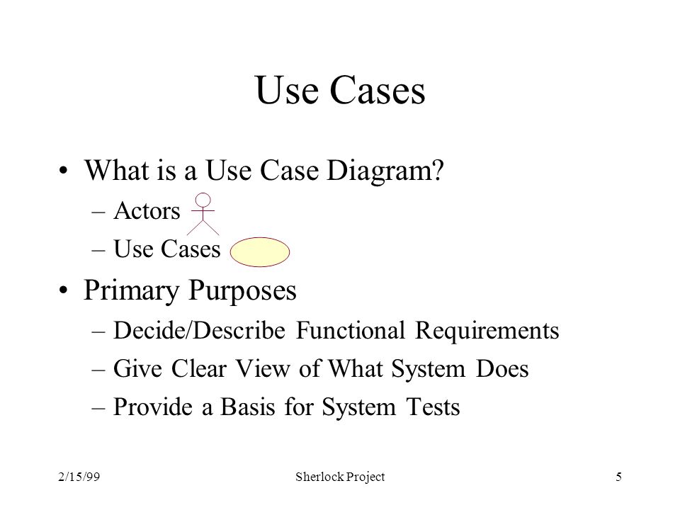 2/15/99Sherlock Project5 Use Cases What is a Use Case Diagram.