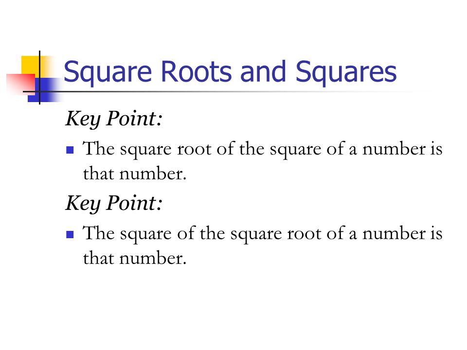 Square Roots and Squares Key Point: The square root of the square of a number is that number.