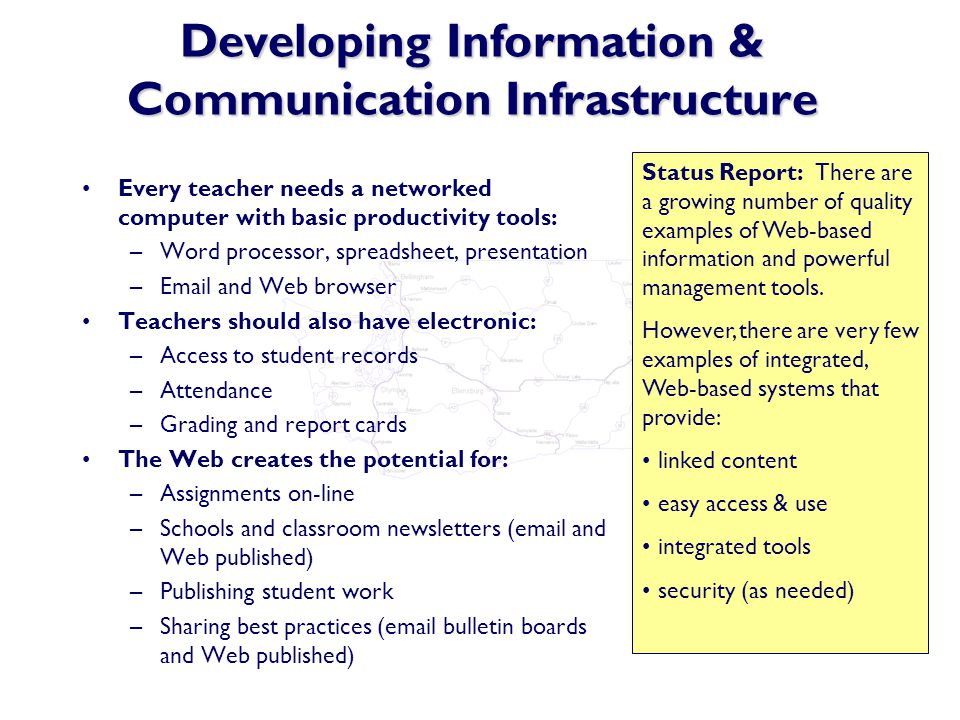 Every teacher needs a networked computer with basic productivity tools: –Word processor, spreadsheet, presentation – and Web browser Teachers should also have electronic: –Access to student records –Attendance –Grading and report cards The Web creates the potential for: –Assignments on-line –Schools and classroom newsletters ( and Web published) –Publishing student work –Sharing best practices ( bulletin boards and Web published) Developing Information & Communication Infrastructure Status Report: There are a growing number of quality examples of Web-based information and powerful management tools.