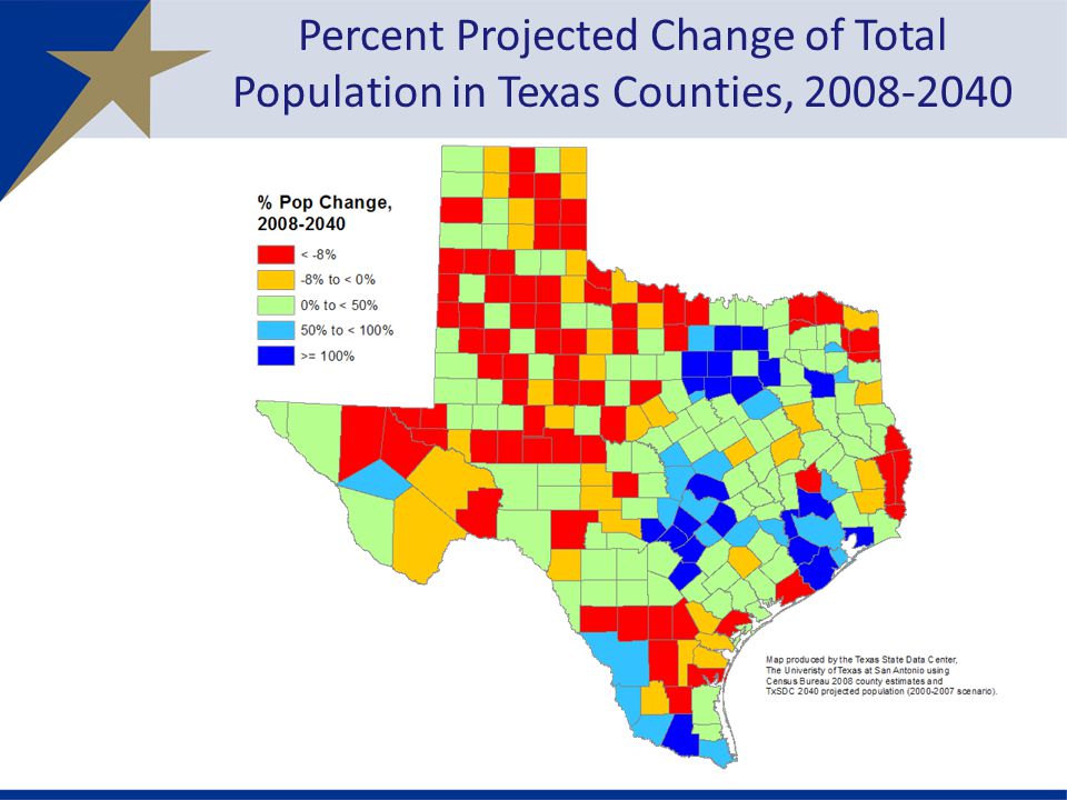 Percent Projected Change of Total Population in Texas Counties,