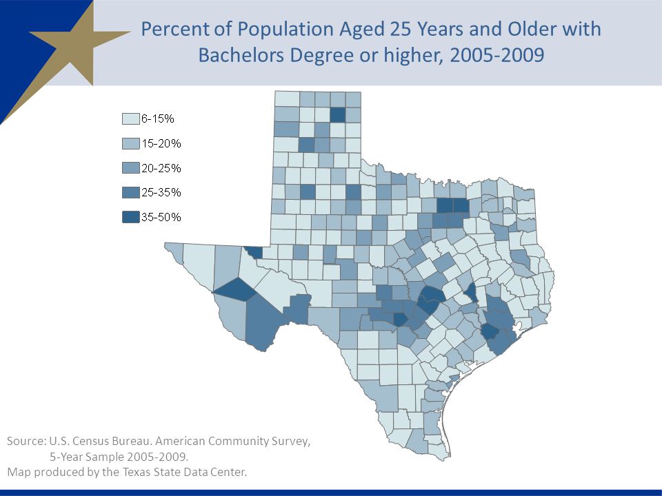 Percent of Population Aged 25 Years and Older with Bachelors Degree or higher, Source: U.S.
