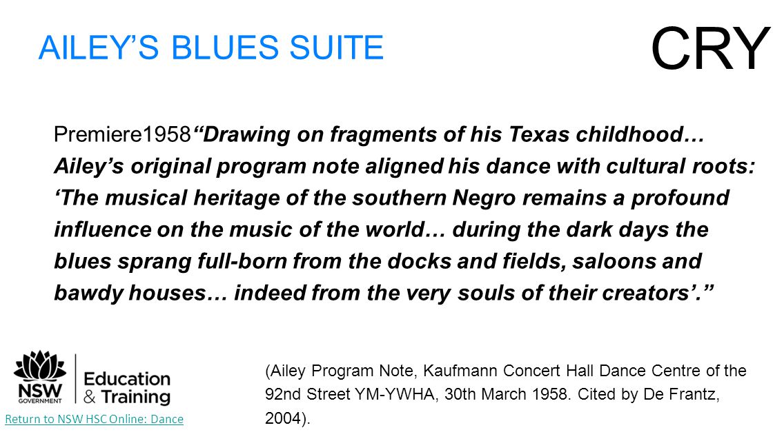 Premiere1958 Drawing on fragments of his Texas childhood… Ailey’s original program note aligned his dance with cultural roots: ‘The musical heritage of the southern Negro remains a profound influence on the music of the world… during the dark days the blues sprang full-born from the docks and fields, saloons and bawdy houses… indeed from the very souls of their creators’. Return to NSW HSC Online: Dance CRY AILEY’S BLUES SUITE (Ailey Program Note, Kaufmann Concert Hall Dance Centre of the 92nd Street YM-YWHA, 30th March 1958.