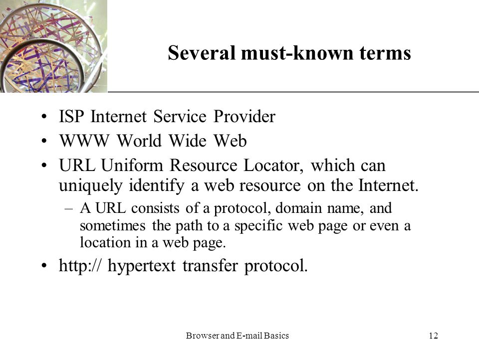 XP Browser and  Basics12 Several must-known terms ISP Internet Service Provider WWW World Wide Web URL Uniform Resource Locator, which can uniquely identify a web resource on the Internet.