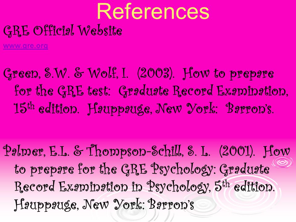 References GRE Official Website   Green, S.W.