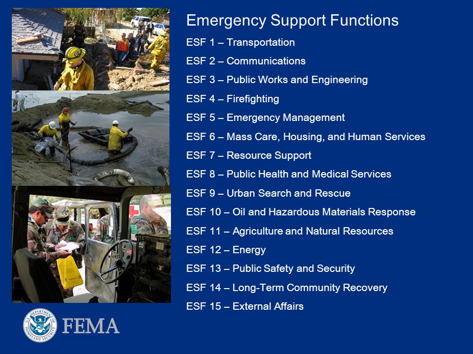 Emergency Support Functions ESF 1 – Transportation ESF 2 – Communications ESF 3 – Public Works and Engineering ESF 4 – Firefighting ESF 5 – Emergency Management ESF 6 – Mass Care, Housing, and Human Services ESF 7 – Resource Support ESF 8 – Public Health and Medical Services ESF 9 – Urban Search and Rescue ESF 10 – Oil and Hazardous Materials Response ESF 11 – Agriculture and Natural Resources ESF 12 – Energy ESF 13 – Public Safety and Security ESF 14 – Long-Term Community Recovery ESF 15 – External Affairs