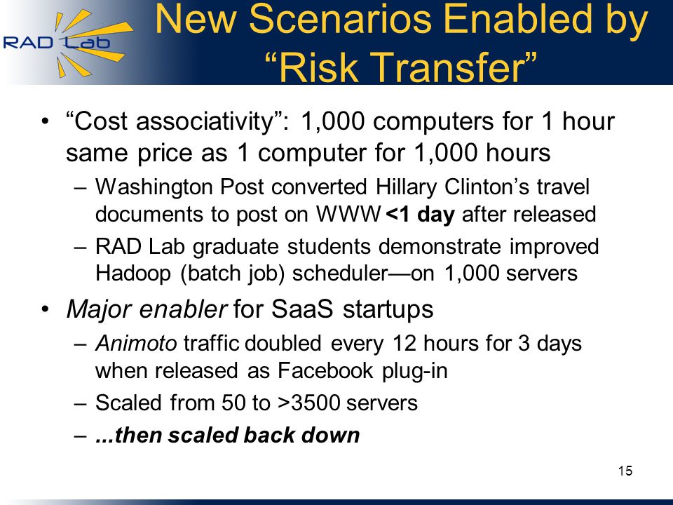 New Scenarios Enabled by Risk Transfer Cost associativity : 1,000 computers for 1 hour same price as 1 computer for 1,000 hours –Washington Post converted Hillary Clinton’s travel documents to post on WWW <1 day after released –RAD Lab graduate students demonstrate improved Hadoop (batch job) scheduler—on 1,000 servers Major enabler for SaaS startups –Animoto traffic doubled every 12 hours for 3 days when released as Facebook plug-in –Scaled from 50 to >3500 servers –...then scaled back down 15