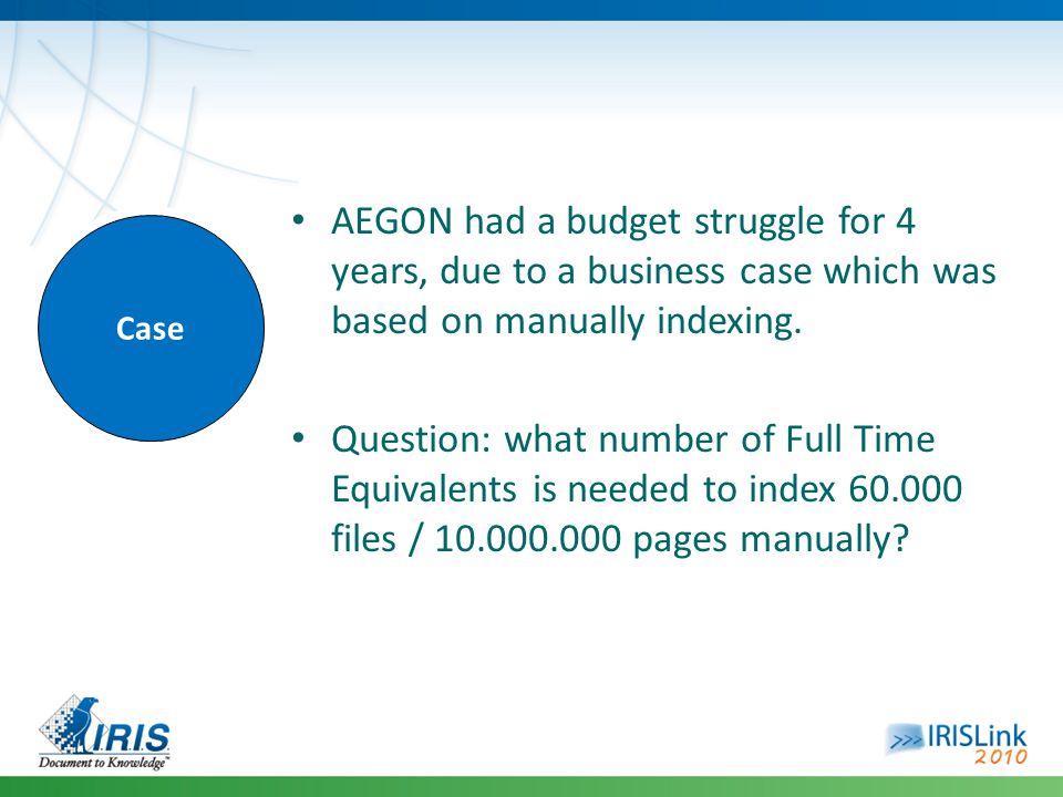 Case AEGON had a budget struggle for 4 years, due to a business case which was based on manually indexing.