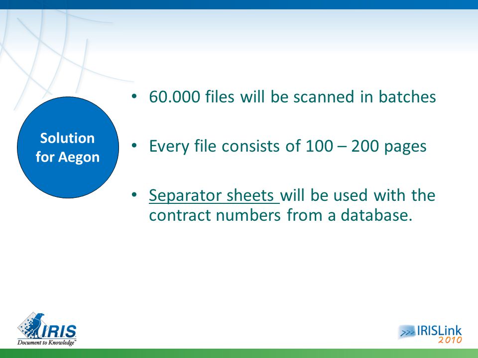 Solution for Aegon files will be scanned in batches Every file consists of 100 – 200 pages Separator sheets will be used with the contract numbers from a database.