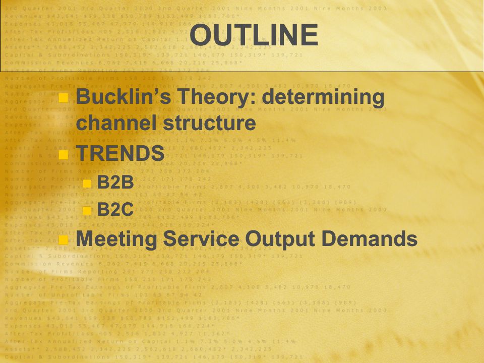 OUTLINE Bucklin’s Theory: determining channel structure TRENDS B2B B2C Meeting Service Output Demands Bucklin’s Theory: determining channel structure TRENDS B2B B2C Meeting Service Output Demands