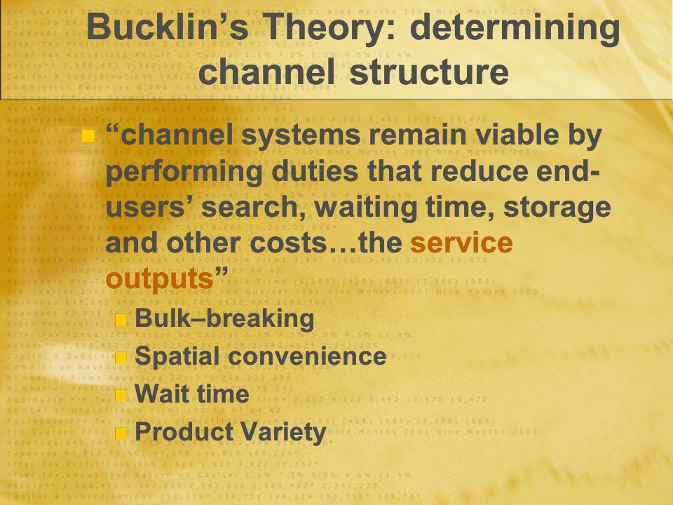 Bucklin’s Theory: determining channel structure channel systems remain viable by performing duties that reduce end- users’ search, waiting time, storage and other costs…the service outputs Bulk–breaking Spatial convenience Wait time Product Variety channel systems remain viable by performing duties that reduce end- users’ search, waiting time, storage and other costs…the service outputs Bulk–breaking Spatial convenience Wait time Product Variety