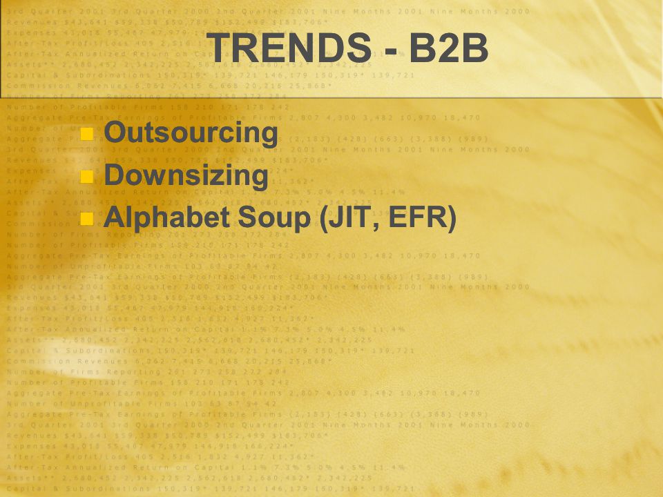 TRENDS - B2B Outsourcing Downsizing Alphabet Soup (JIT, EFR) Outsourcing Downsizing Alphabet Soup (JIT, EFR)