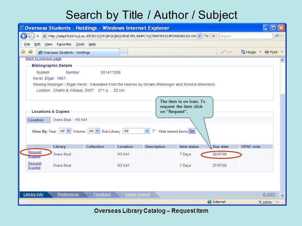 Overseas Library Catalog – Request Item Search by Title / Author / Subject The item is on loan.