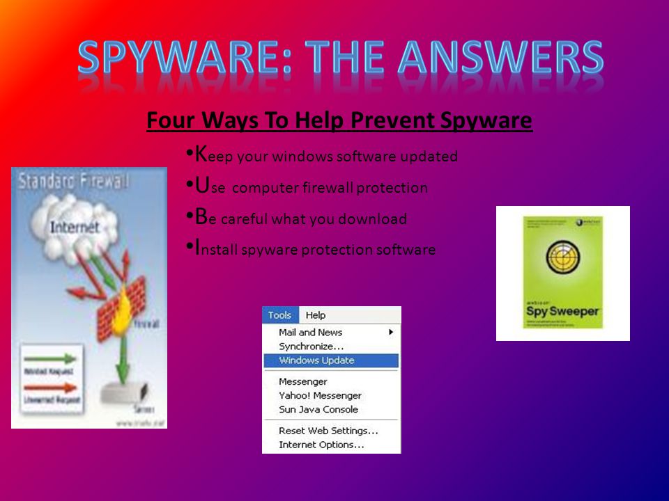 Four Ways To Help Prevent Spyware K eep your windows software updated U se computer firewall protection B e careful what you download I nstall spyware protection software