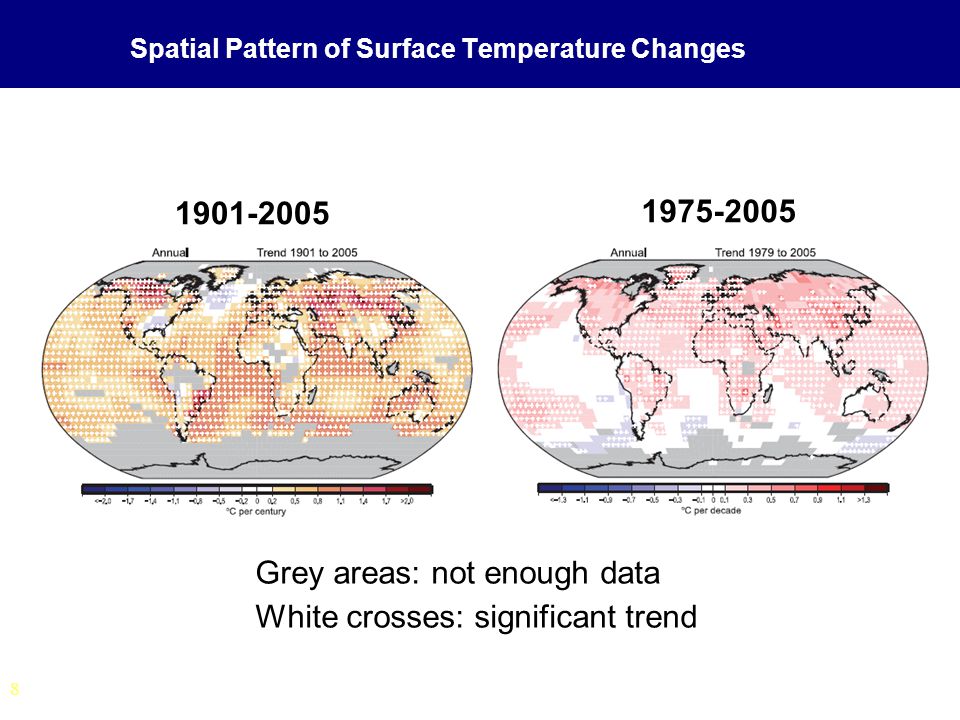 8 Spatial Pattern of Surface Temperature Changes Grey areas: not enough data White crosses: significant trend