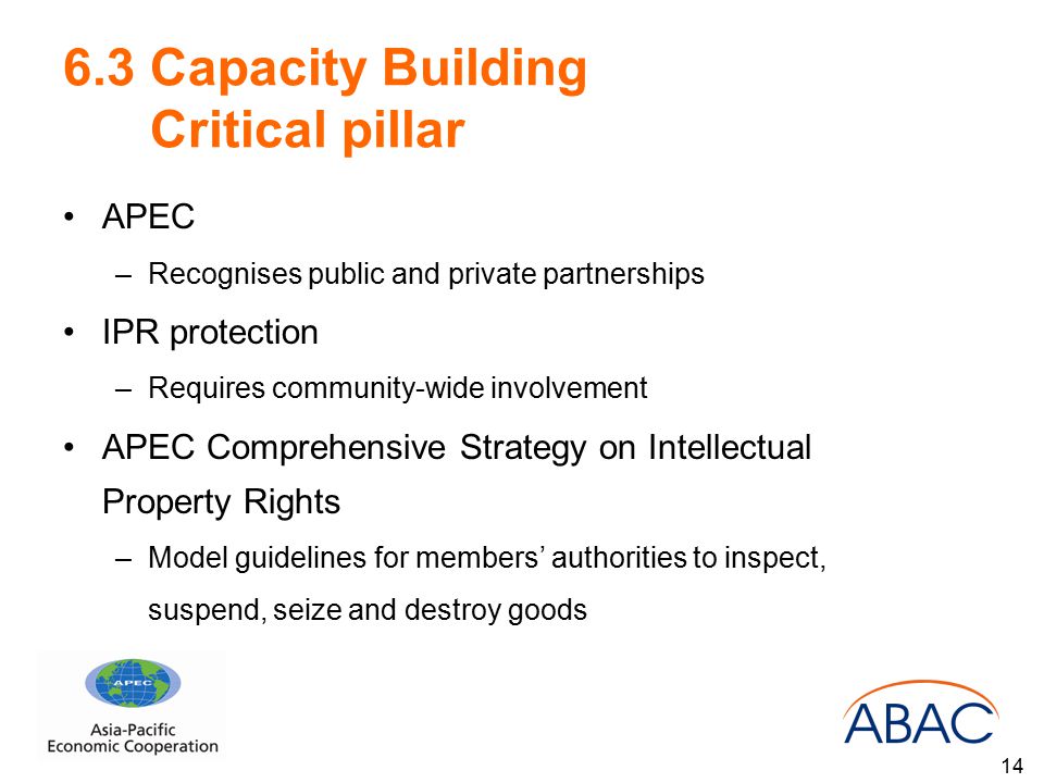 6.3 Capacity Building Critical pillar APEC –Recognises public and private partnerships IPR protection –Requires community-wide involvement APEC Comprehensive Strategy on Intellectual Property Rights –Model guidelines for members’ authorities to inspect, suspend, seize and destroy goods 14